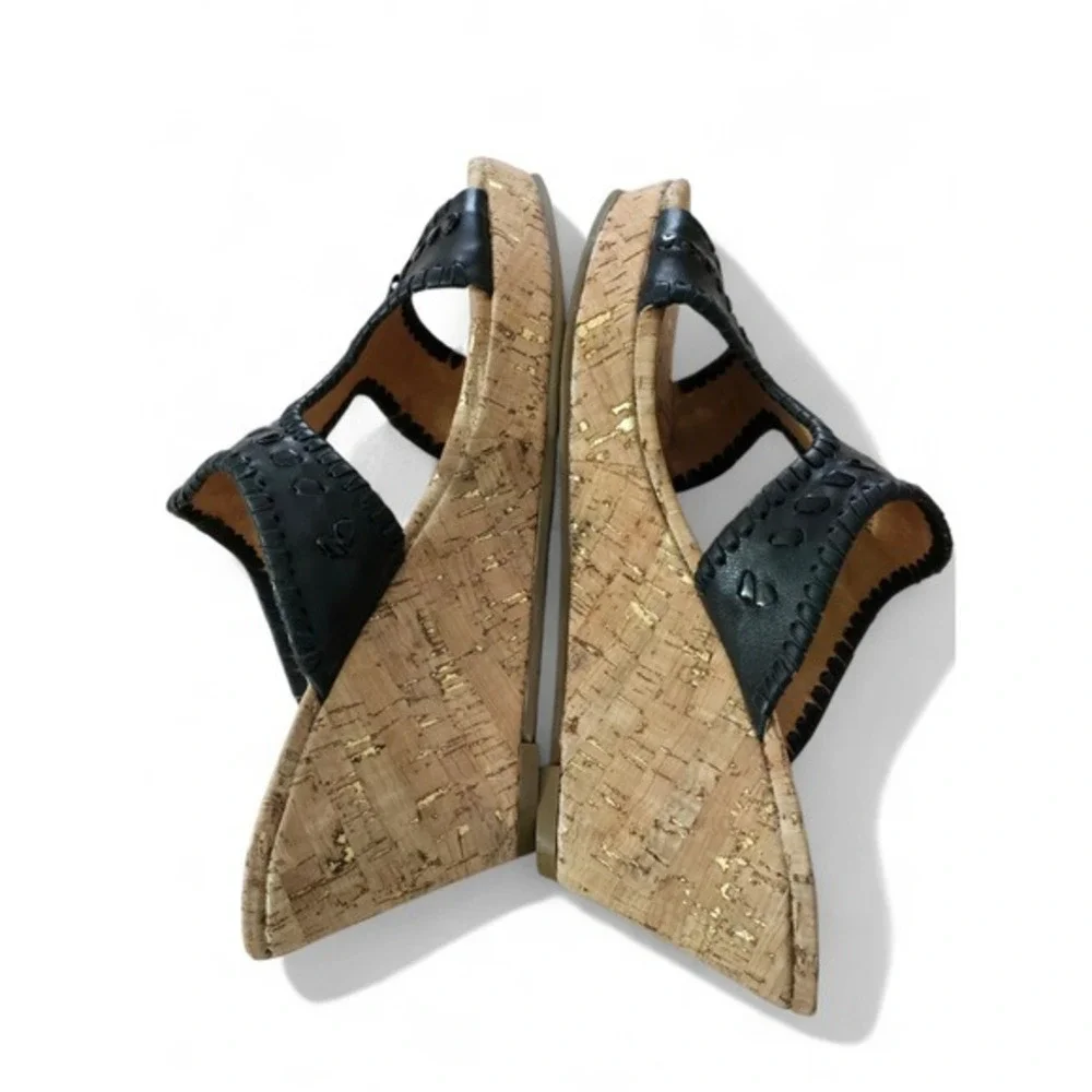 Jack Rogers Black‎ Leather Whipstitch Cork Wedge Sandals Gold Fleck 7.5M